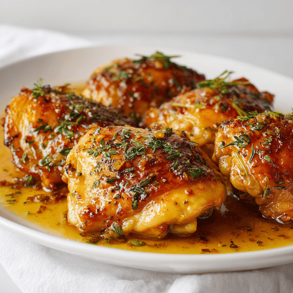Honey Garlic Chicken Thighs Recipe | Juicy, Sticky, Flavorful 7 Honey garlic chicken thighs on a large white platter with herbs
