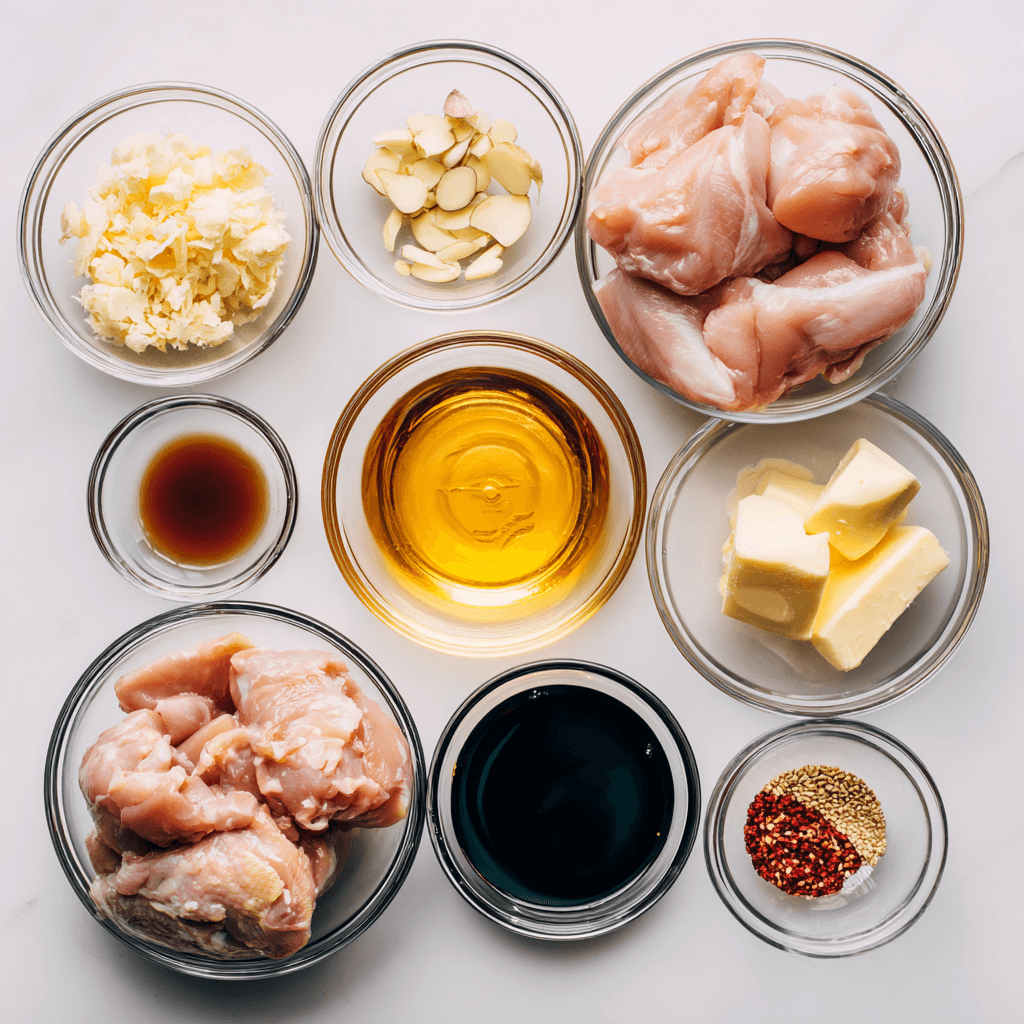 Honey Garlic Chicken Thighs Recipe | Juicy, Sticky, Flavorful 3 ingredients for honey garlic chicken thighs in glass bowls