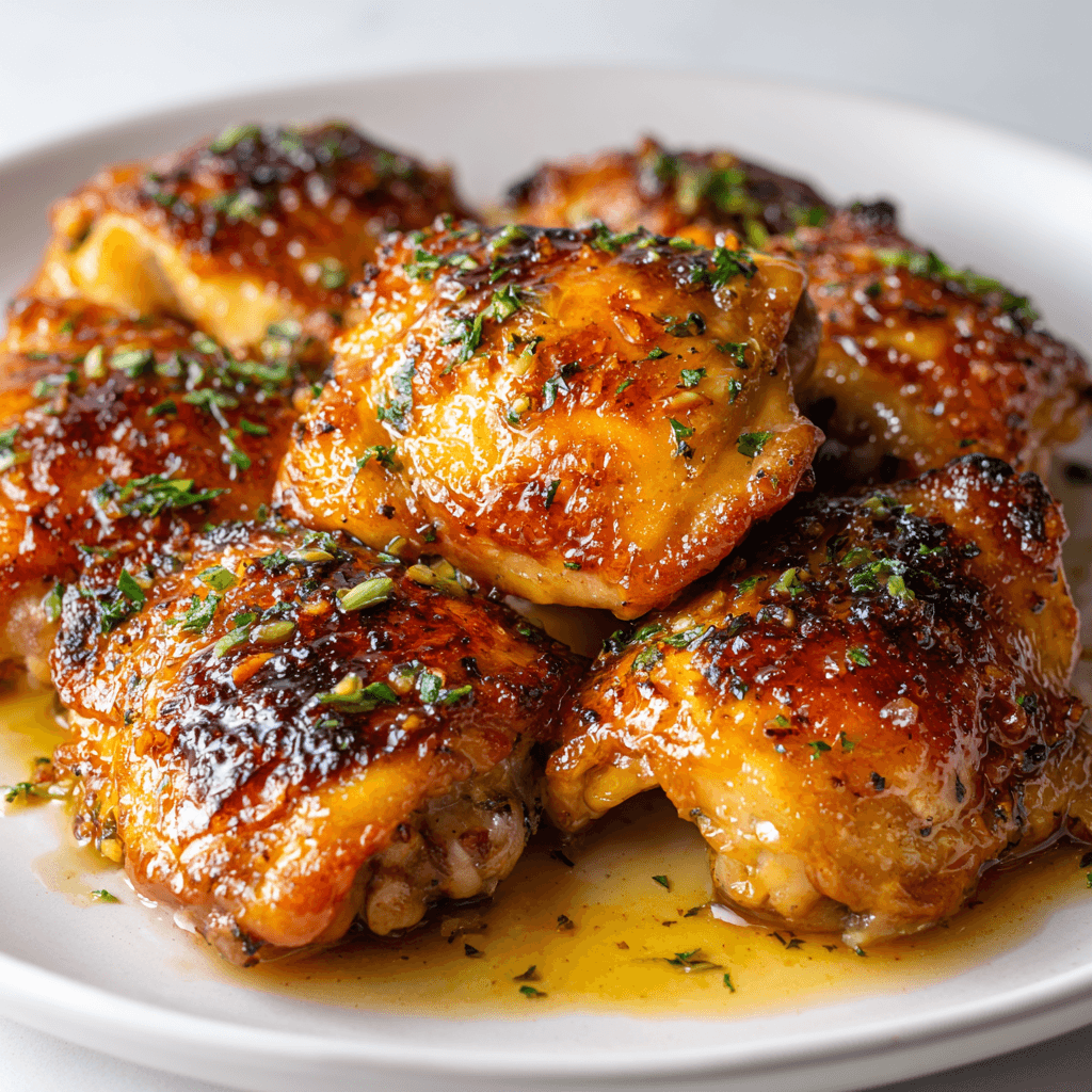 Sticky honey garlic chicken thighs with golden glaze on a white plate