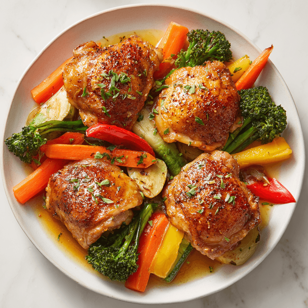 Honey Garlic Chicken Thighs Recipe | Juicy, Sticky, Flavorful 6 Honey garlic chicken thighs served with roasted vegetables on a white plate