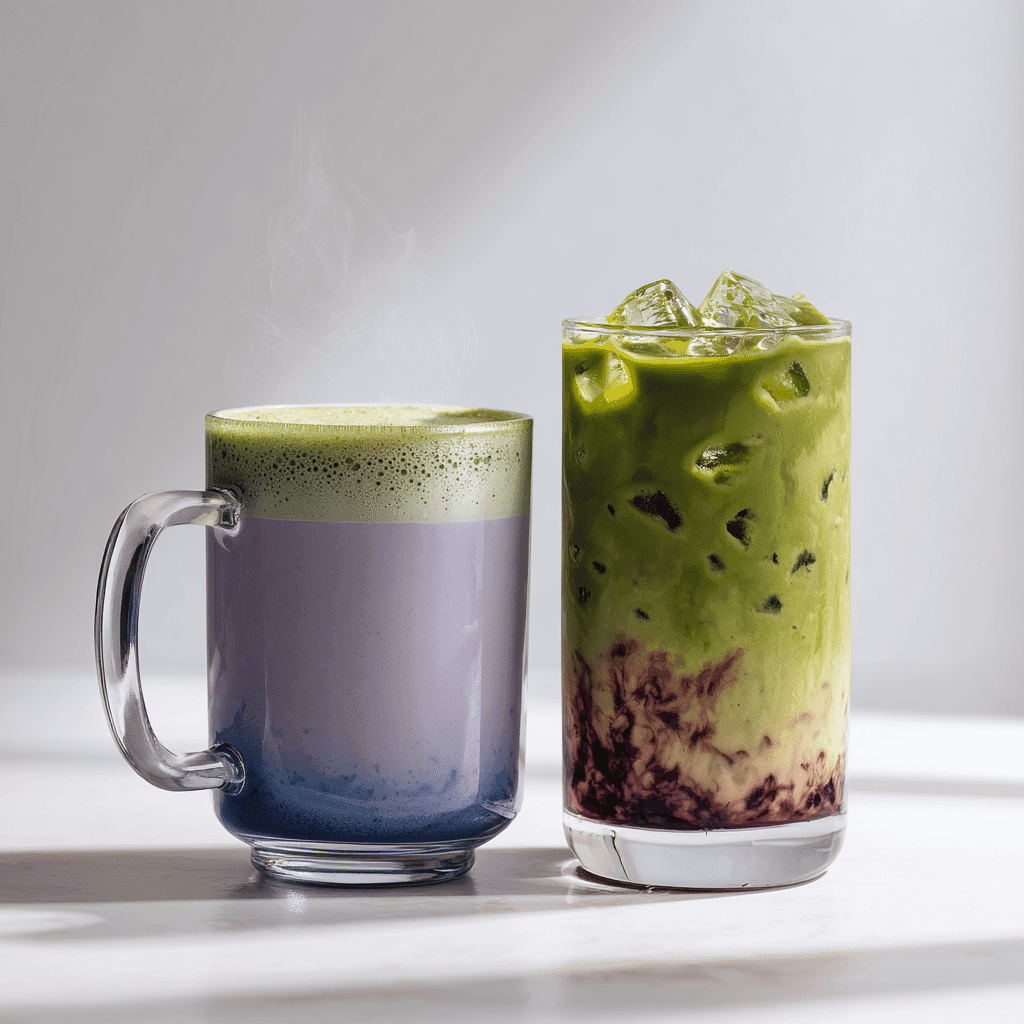 Blueberry Syrup for Matcha: A Flavorful Twist Worth Trying 3 Hot and iced blueberry matcha lattes side by side on a white background