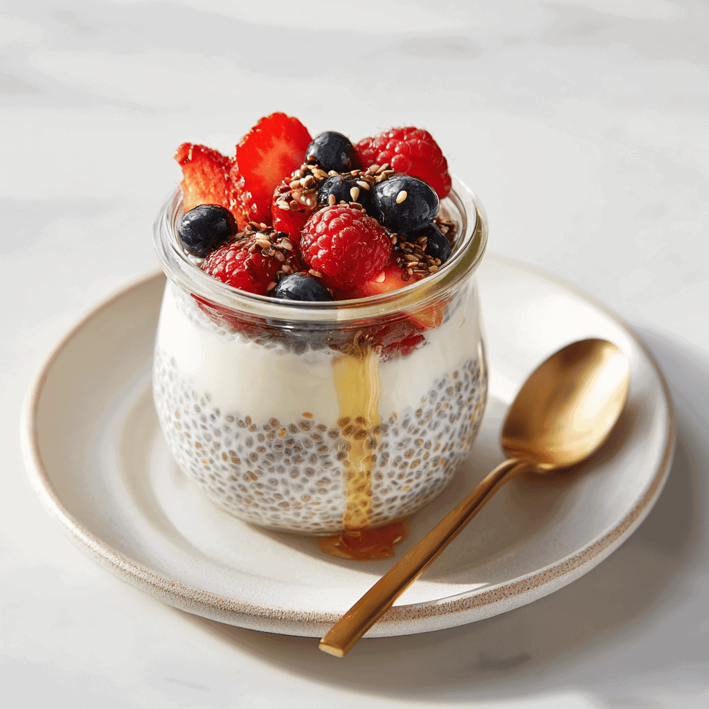 Greek Yogurt Chia Pudding Recipe – Creamy, Easy & High Protein 2 Layered Greek yogurt chia pudding in a glass jar with fruit and honey