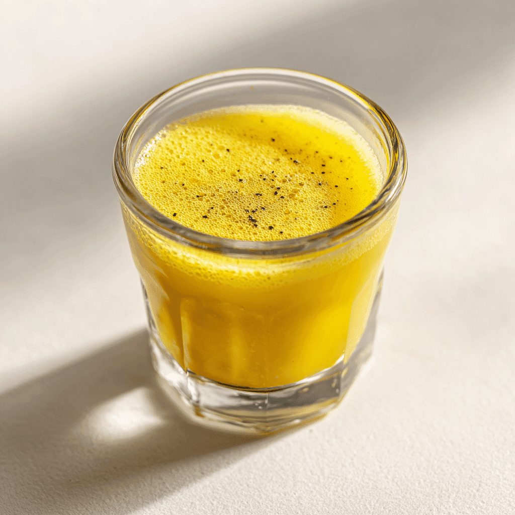 Lemon ginger turmeric shot - A healthy shot you should try ! 3 Homemade lemon ginger turmeric shot in a small clear glass