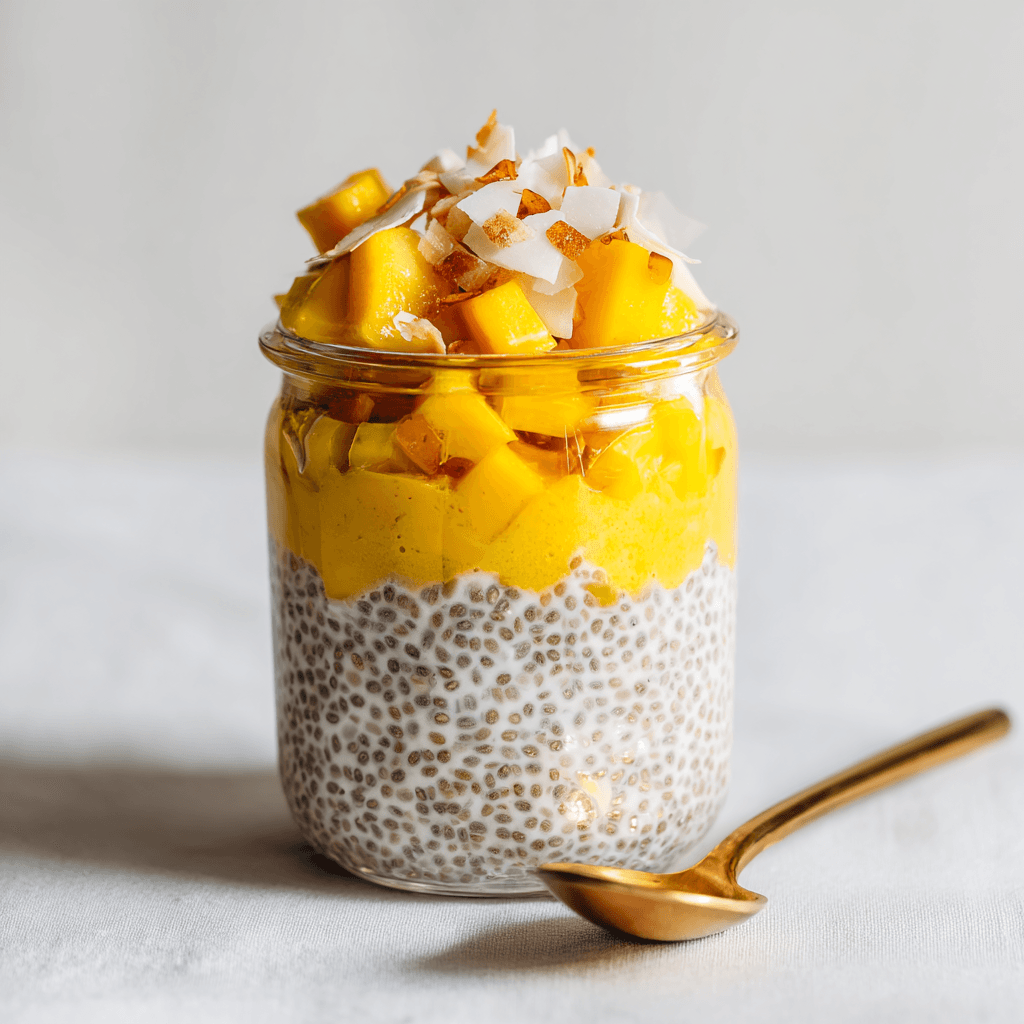 Mango Chia Pudding – Creamy, Healthy, and Easy to Make 2 Layered mango chia pudding in a jar showing chia, mango puree, and toppings