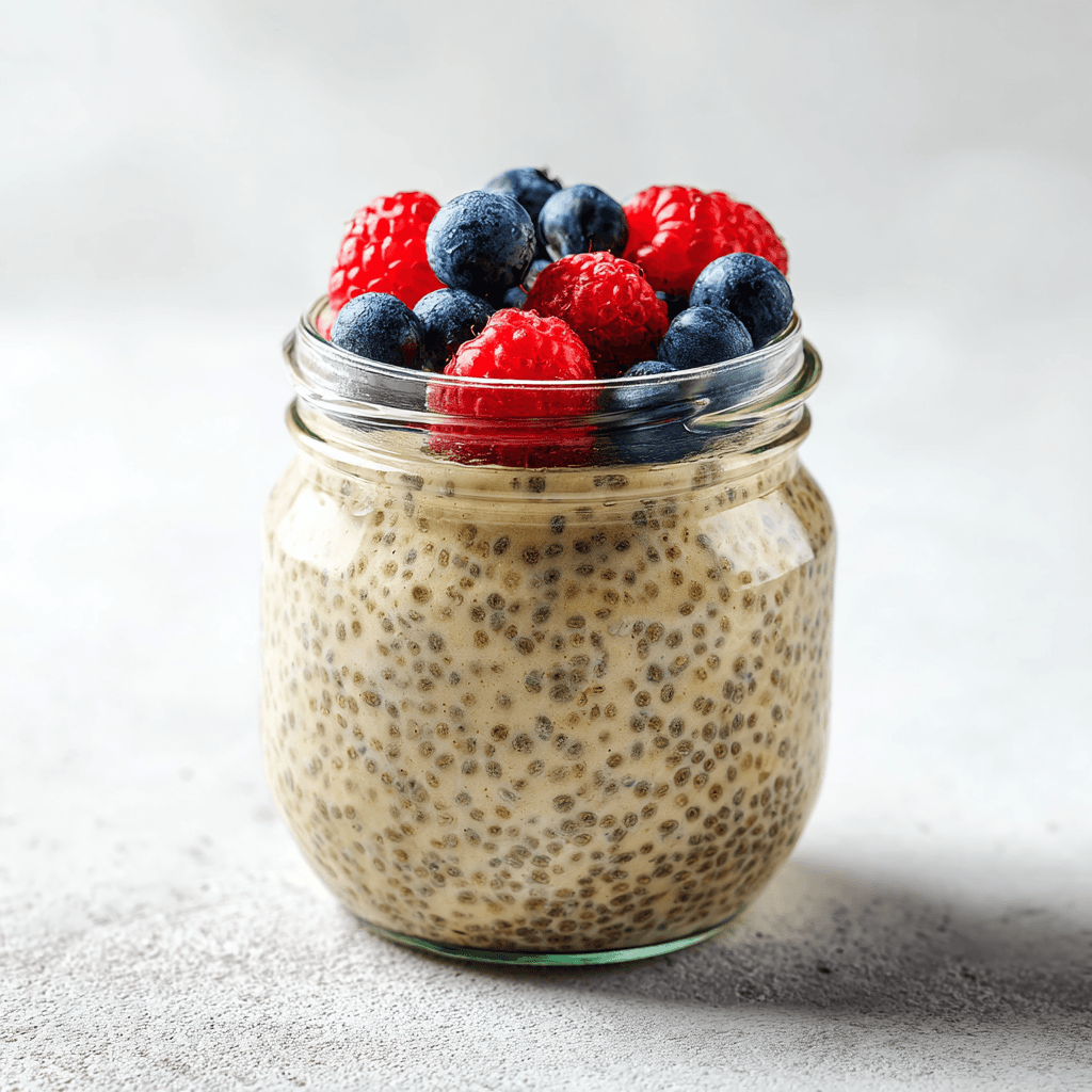 Protein Chia Seed Pudding – Easy, Creamy & Packed with Power 4 Freshly made protein chia seed pudding in a glass jar on white background
