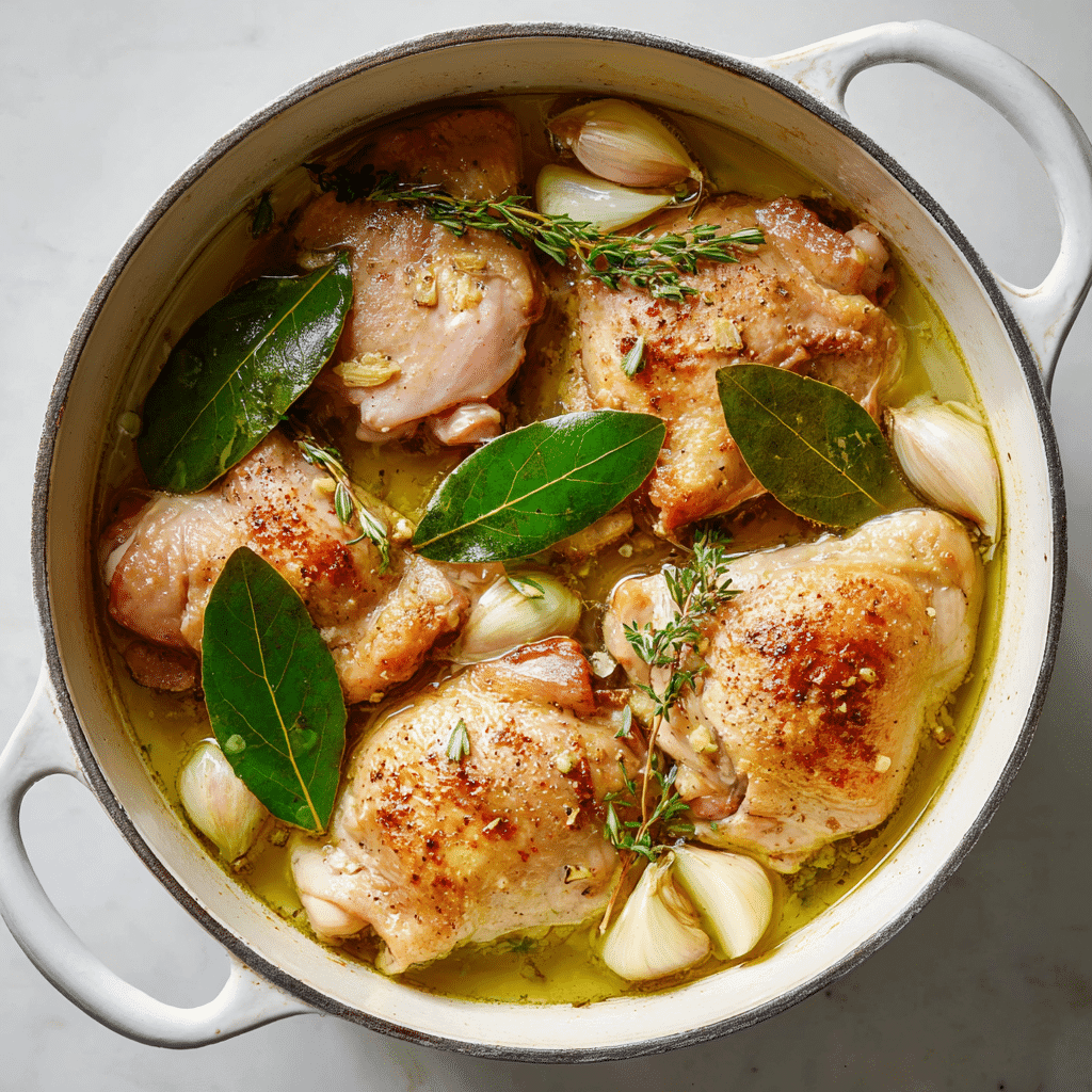 Poached Chicken Thighs – Juicy, Simple, and Full of Flavor 2 Chicken thighs poaching in a pot with broth and aromatics
