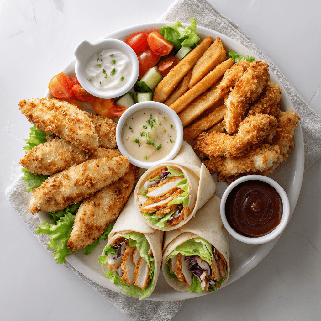 Air Fryer Chicken Tenders – Golden, Crunchy, Family Favorite 4 Air fryer chicken tenders served in wraps and with dipping sauces