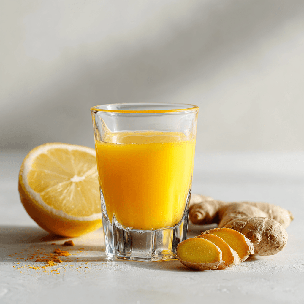 Lemon ginger turmeric shot - A healthy shot you should try ! 1 Morning lemon ginger turmeric shot with fresh ingredients for daily ritual