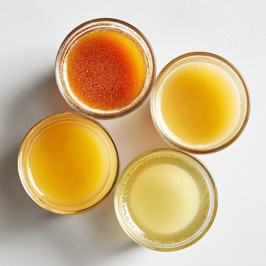 Lemon ginger turmeric shot - A healthy shot you should try ! 4 Lemon ginger turmeric shot variations in four small glasses on a white background