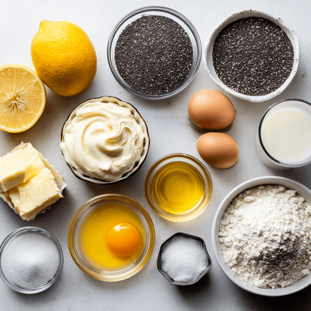 Ingredients for lemon poppy seed muffins laid out