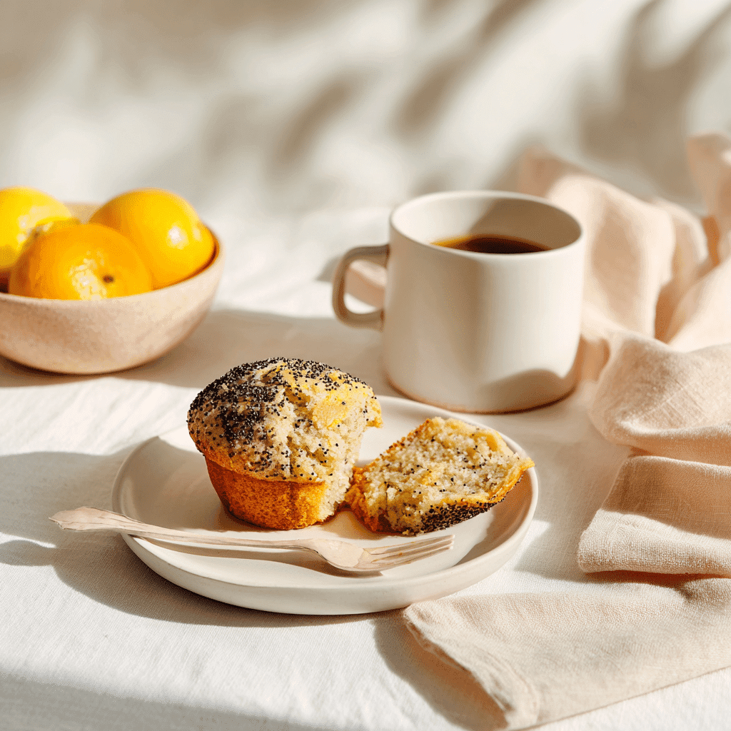 Lemon poppy seed muffin served with coffee and fruit on a white table