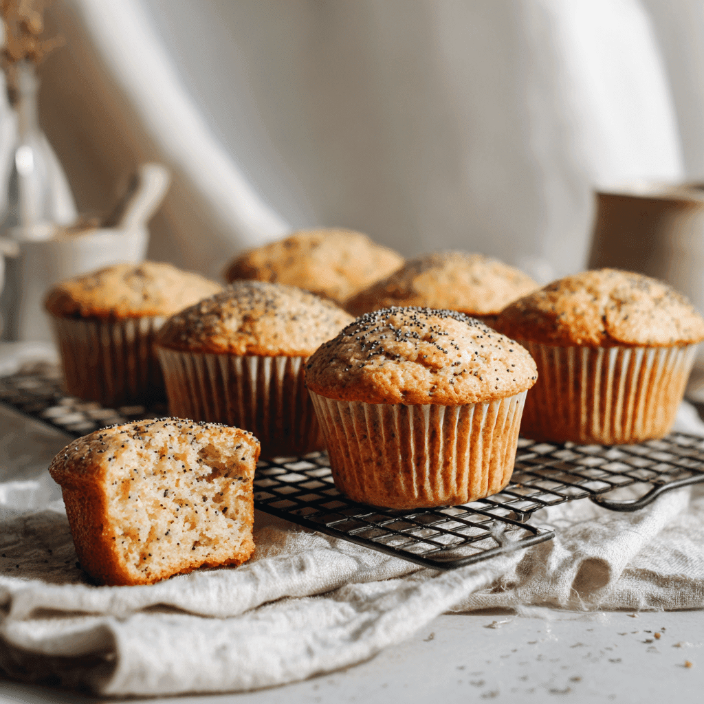 Freshly baked lemon poppy seed muffins cooling on a rack in a cozy kitchen