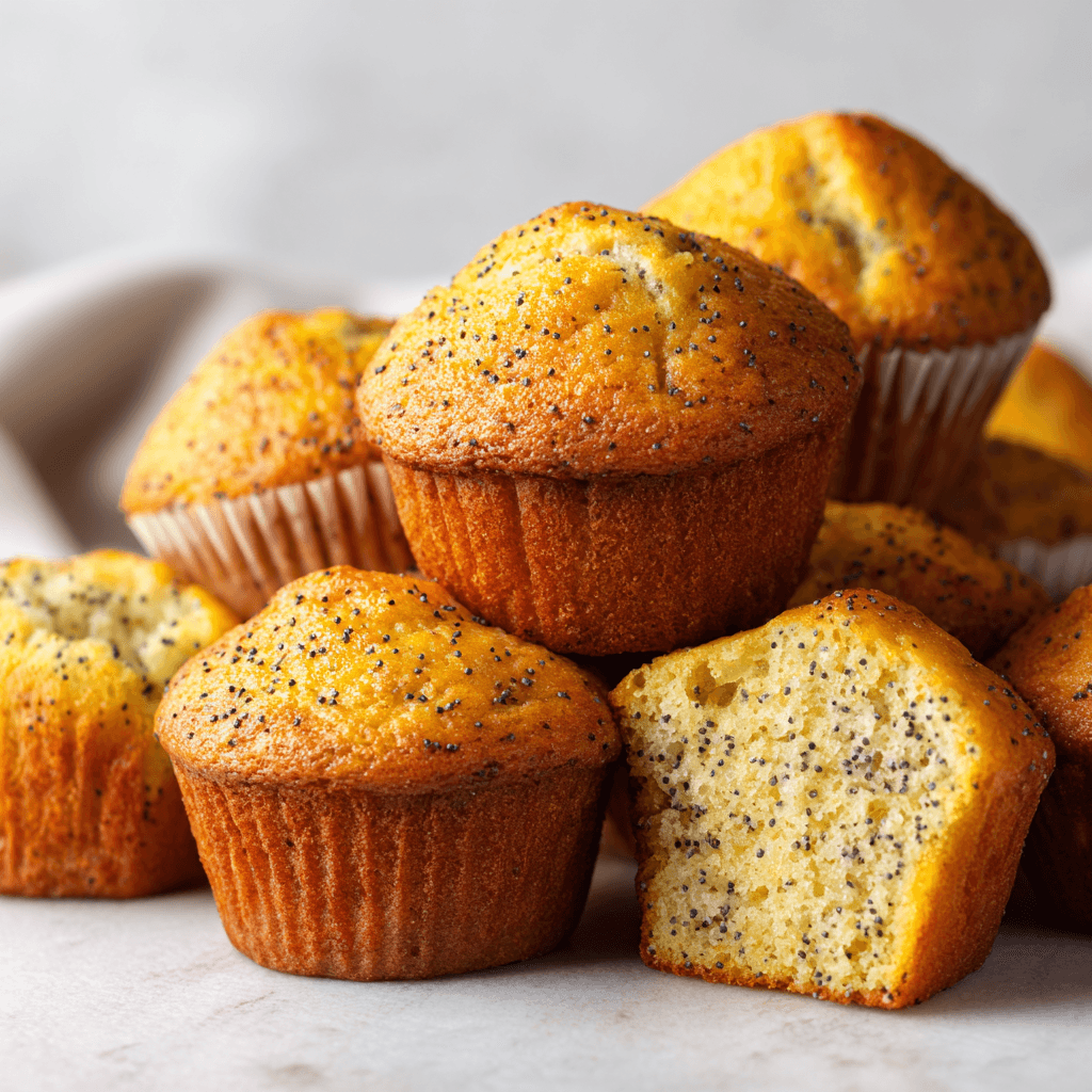 Freshly baked lemon poppy seed muffins with golden tops