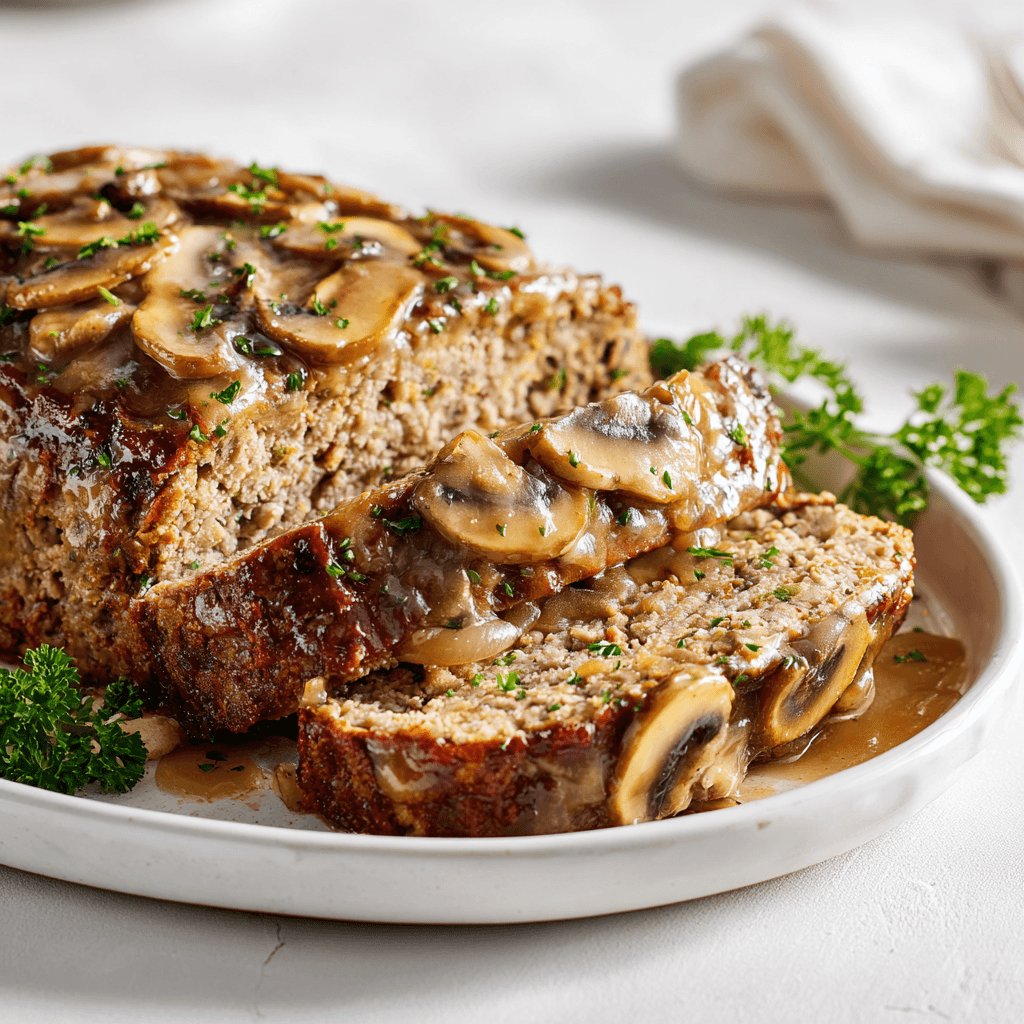 Lipton Onion Mushroom Soup Meatloaf Recipe (Savory & Moist) 6 Sliced Lipton onion mushroom soup meatloaf with creamy glaze on white plate