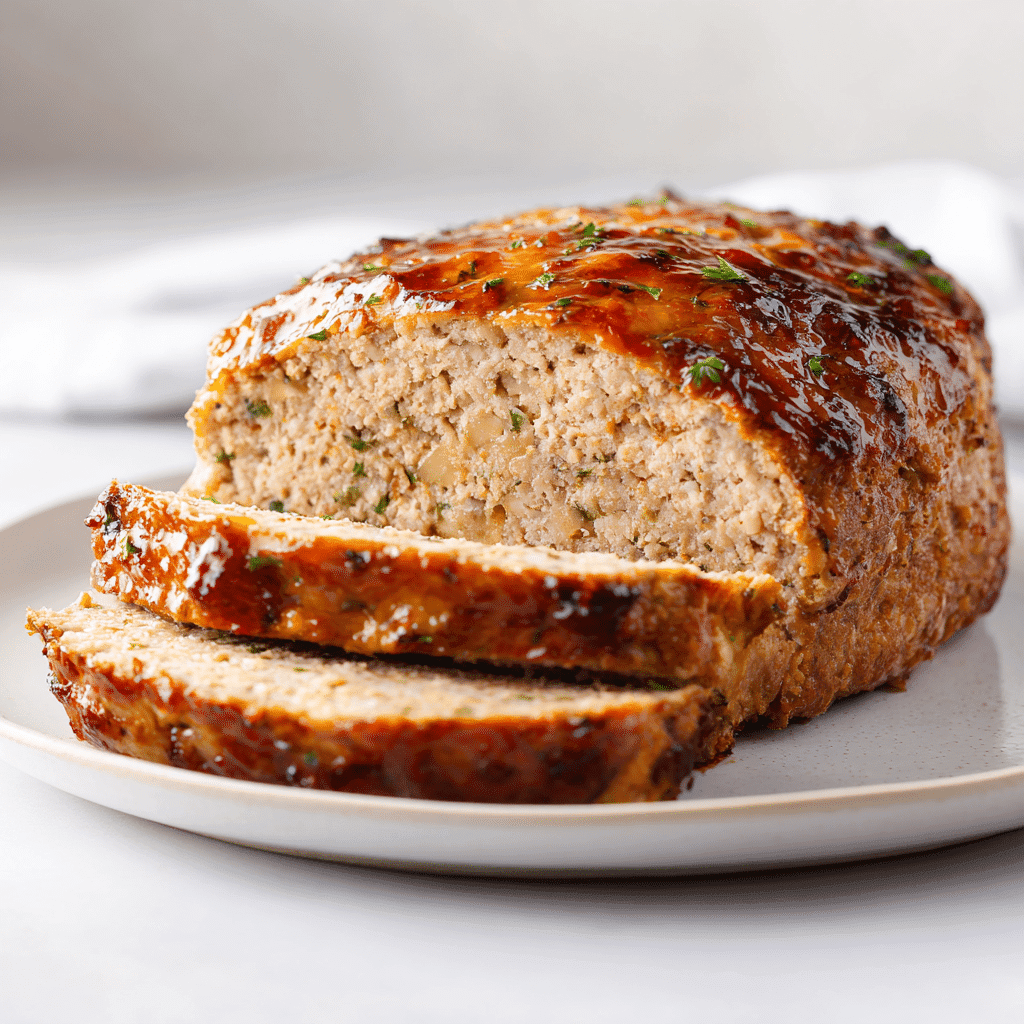 Sliced Lipton onion soup turkey meatloaf on a white plate