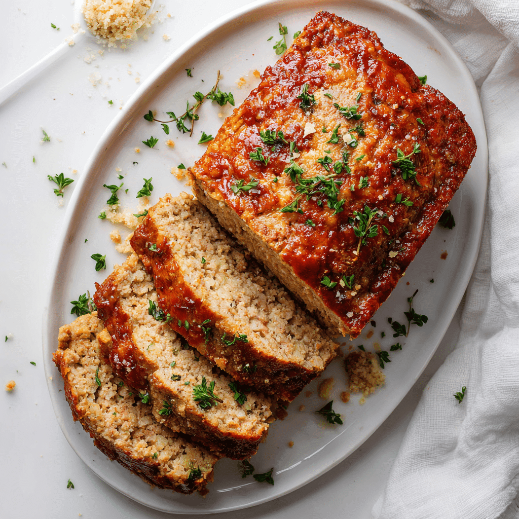 Lipton Onion Soup Turkey Meatloaf Recipe (Healthy Comfort Twist) 1 Homestyle Lipton onion soup turkey meatloaf freshly sliced on white platter
