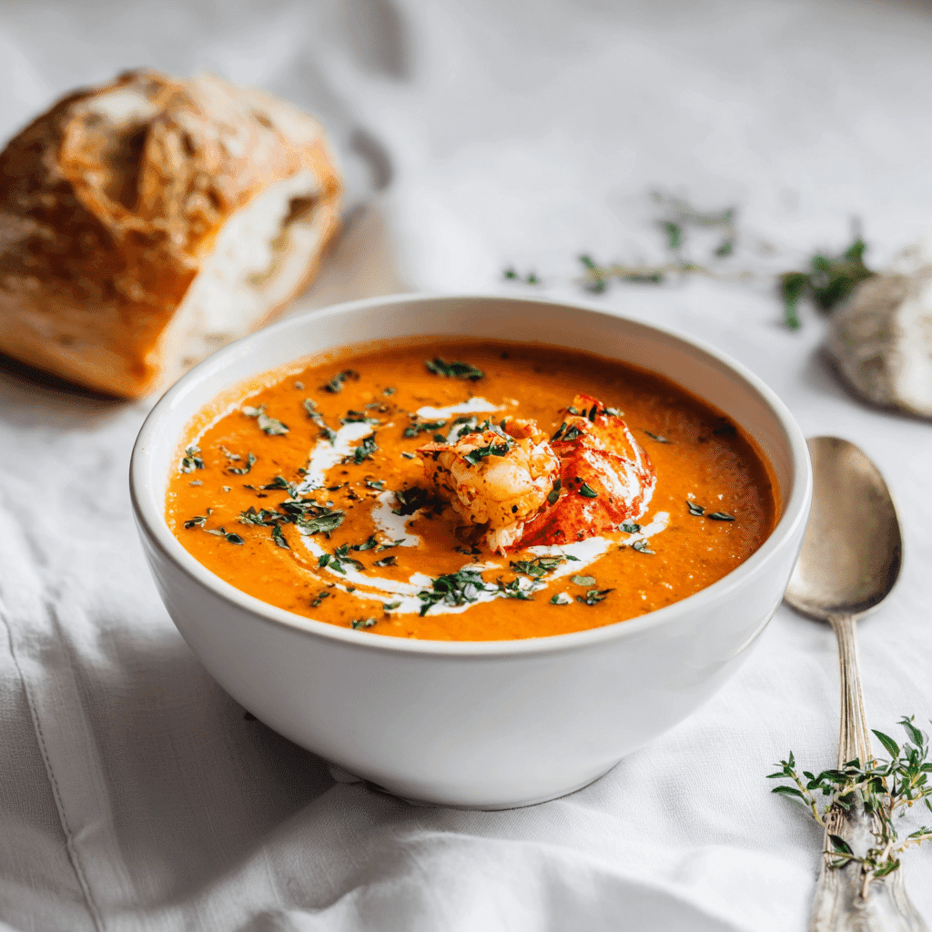 Lobster Bisque Recipe: Rich, Creamy & Easy Coastal Comfort 5 Warm bowl of lobster bisque with bread and steam rising
