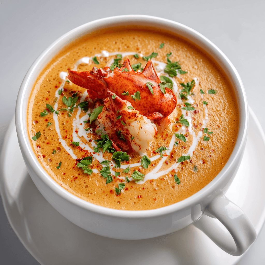 Lobster Bisque Recipe: Rich, Creamy & Easy Coastal Comfort 3 Bowl of lobster bisque with lobster meat, cream swirl, and herbs