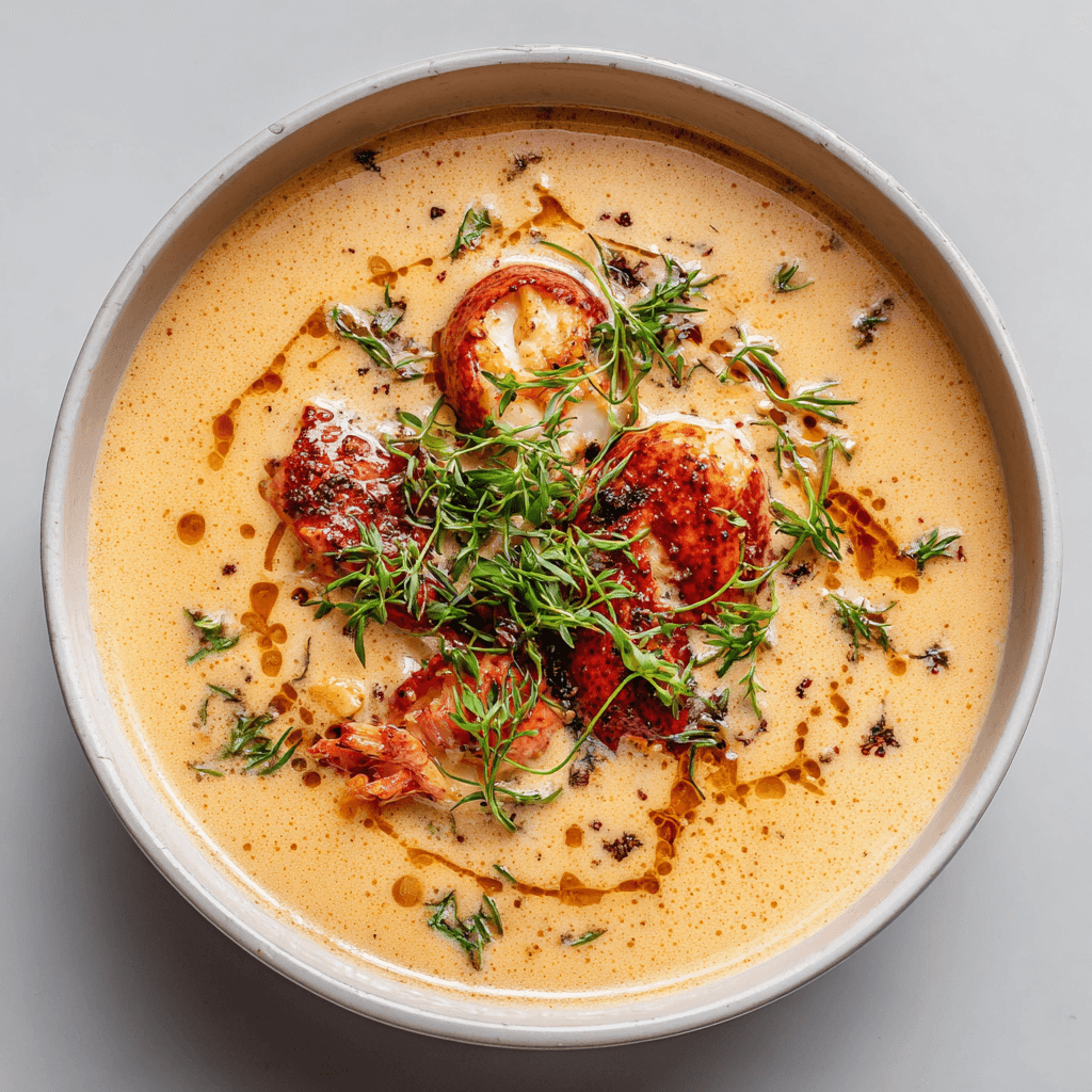 Lobster Bisque Recipe: Rich, Creamy & Easy Coastal Comfort 6 Creamy lobster bisque in a white bowl with fresh herbs and paprika oil
