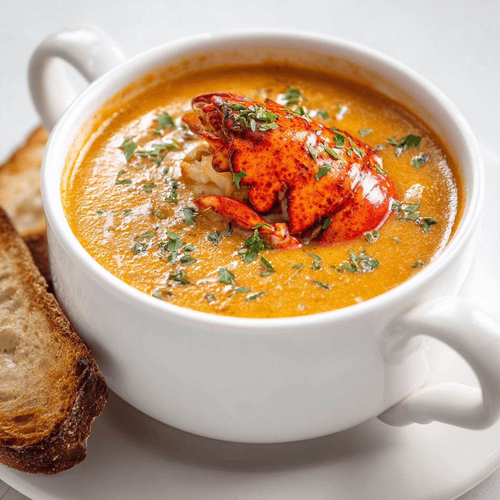 Lobster Bisque Recipe: Rich, Creamy & Easy Coastal Comfort 1 Homemade lobster bisque with steam and lobster claw garnish