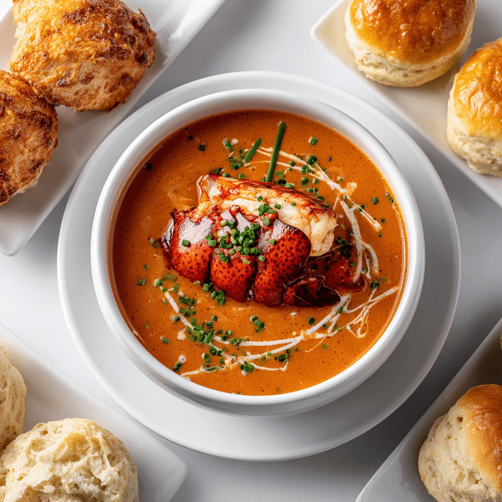 Lobster Bisque Recipe: Rich, Creamy & Easy Coastal Comfort 4 Lobster bisque with lobster claw and bread sides on white background