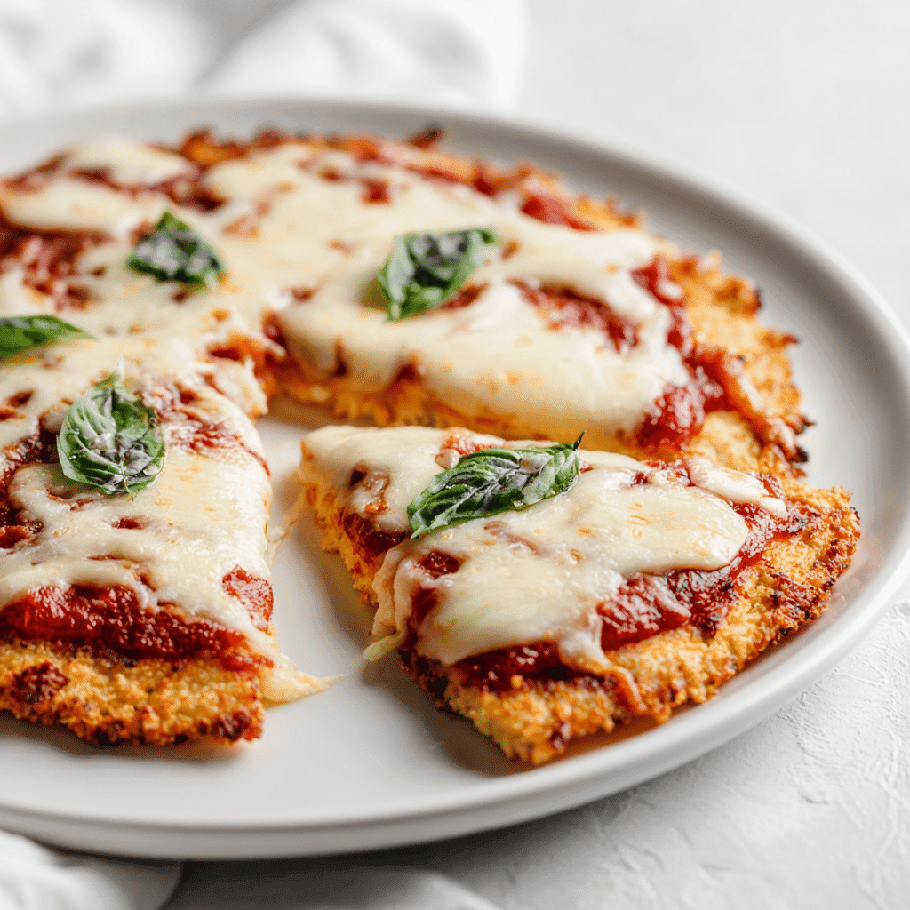 Low carb pizza with almond flour crust and melted cheese on a white plate