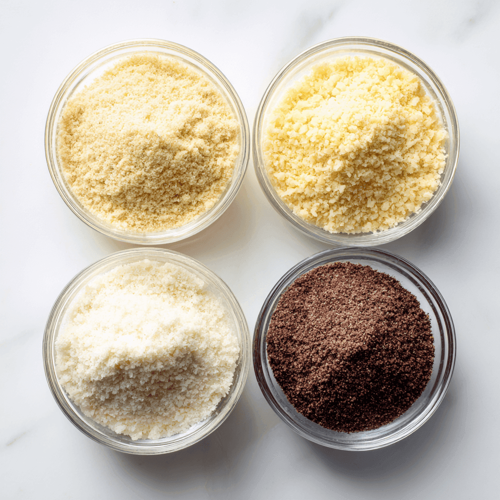 Low Carb Pizza Crust Recipe That’s Crispy, Cheesy, and Guilt-Free 2 Four types of low carb flours—almond, coconut, cauliflower rice, and flaxseed meal—in clear bowls