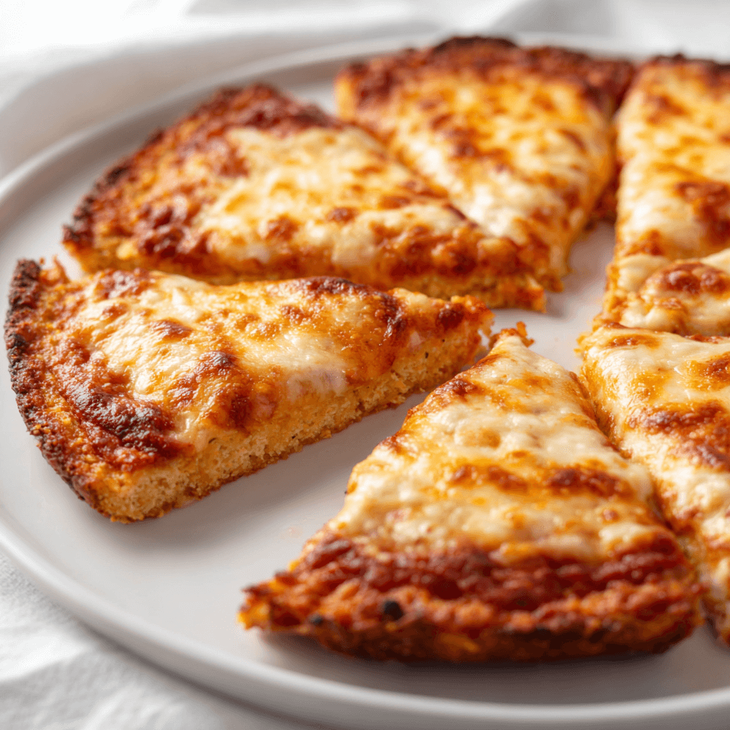 Low Carb Pizza Crust Recipe That’s Crispy, Cheesy, and Guilt-Free 3 Fully baked low carb pizza with almond flour crust and golden edges on a white plate