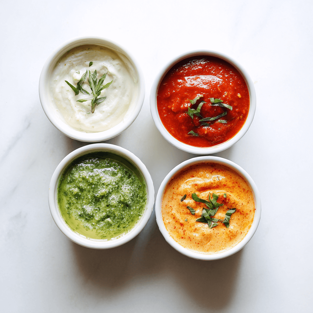Low Carb Pizza Crust Recipe That’s Crispy, Cheesy, and Guilt-Free 4 Assorted low carb pizza sauces including marinara, garlic cream, pesto, and buffalo in white ramekins