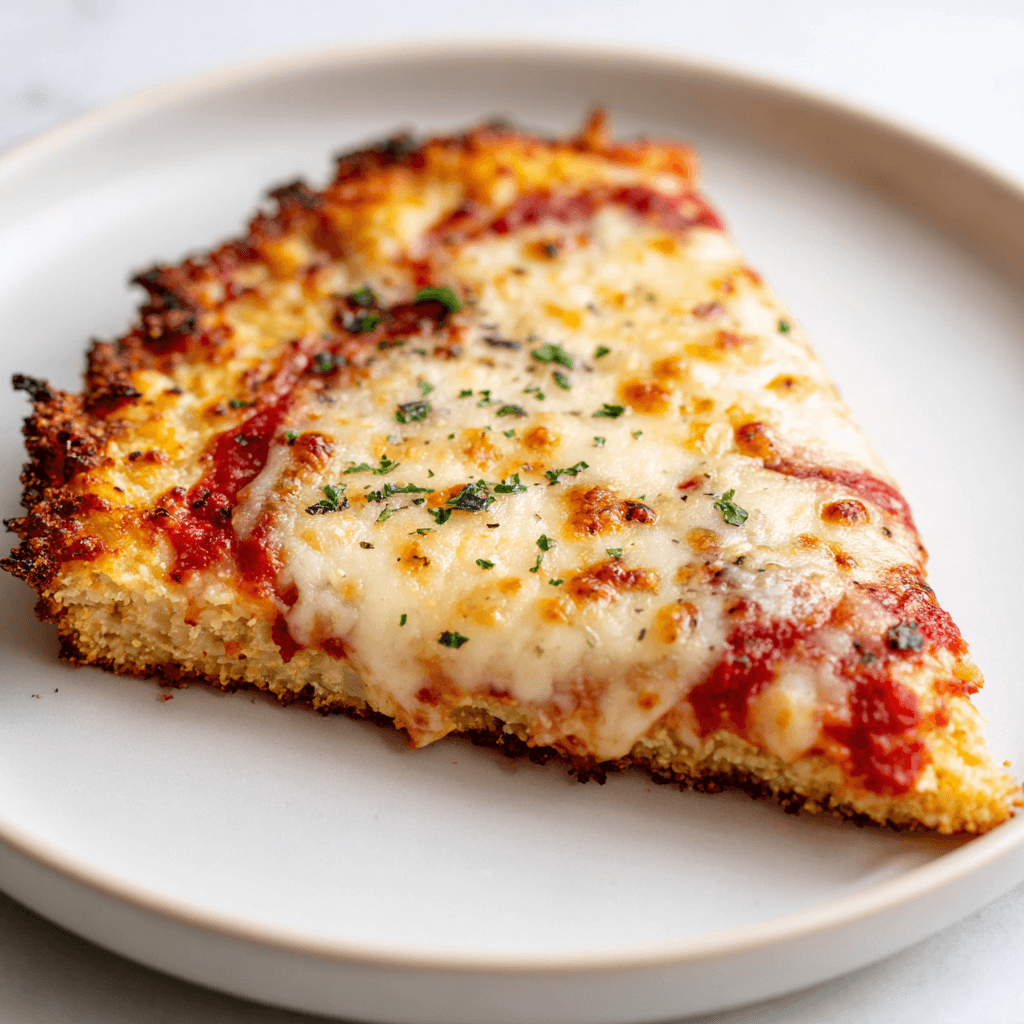 Low Carb Pizza Crust Recipe That’s Crispy, Cheesy, and Guilt-Free 6 Slice of low carb pizza with almond flour crust showing golden edge and crisp texture