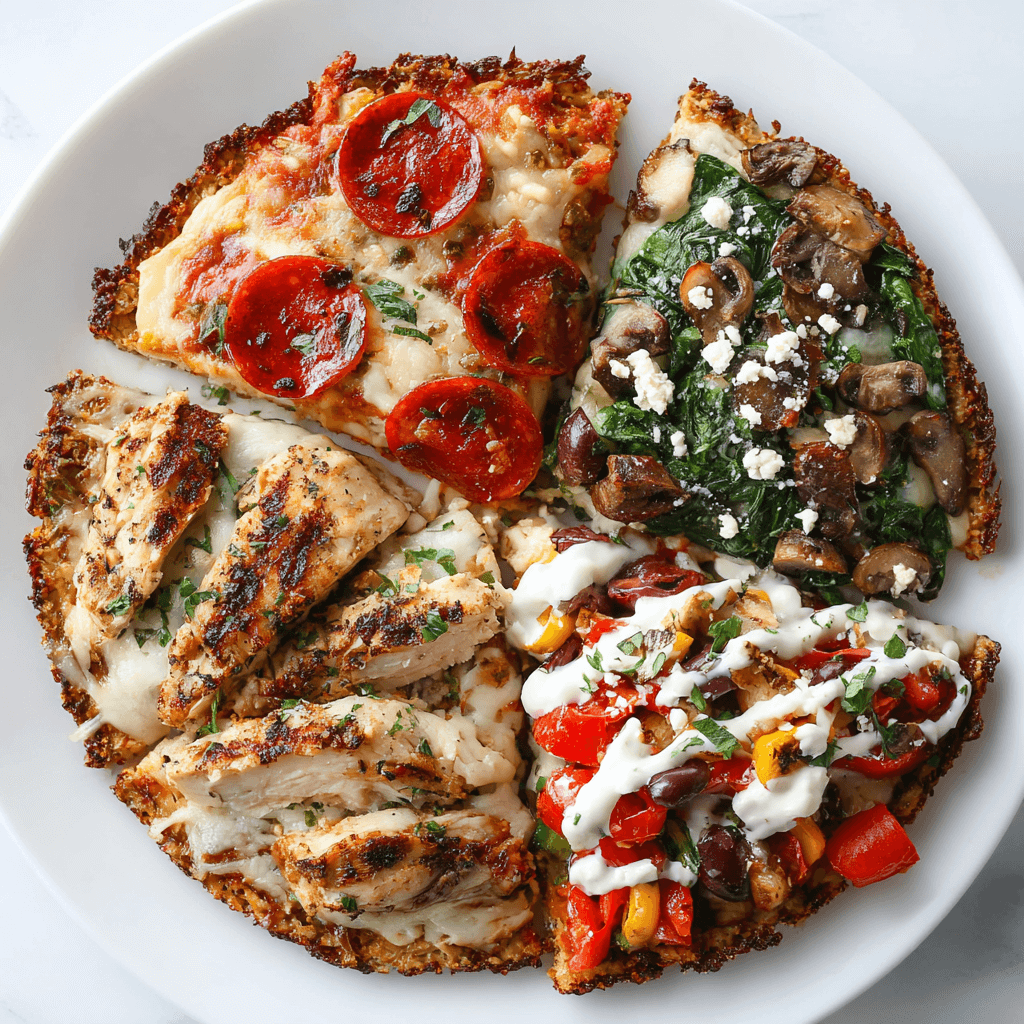 Low Carb Pizza Crust Recipe That’s Crispy, Cheesy, and Guilt-Free 5 Variety of low carb pizza slices with toppings like pepperoni, veggies, and grilled chicken