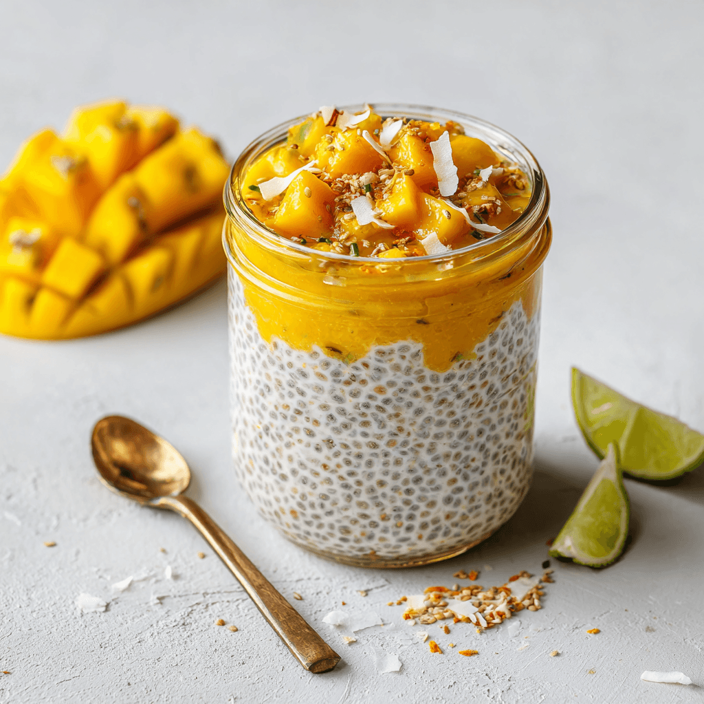 Mango Chia Pudding – Creamy, Healthy, and Easy to Make 5 Mango chia pudding in a glass jar topped with fresh mango and coconut flakes