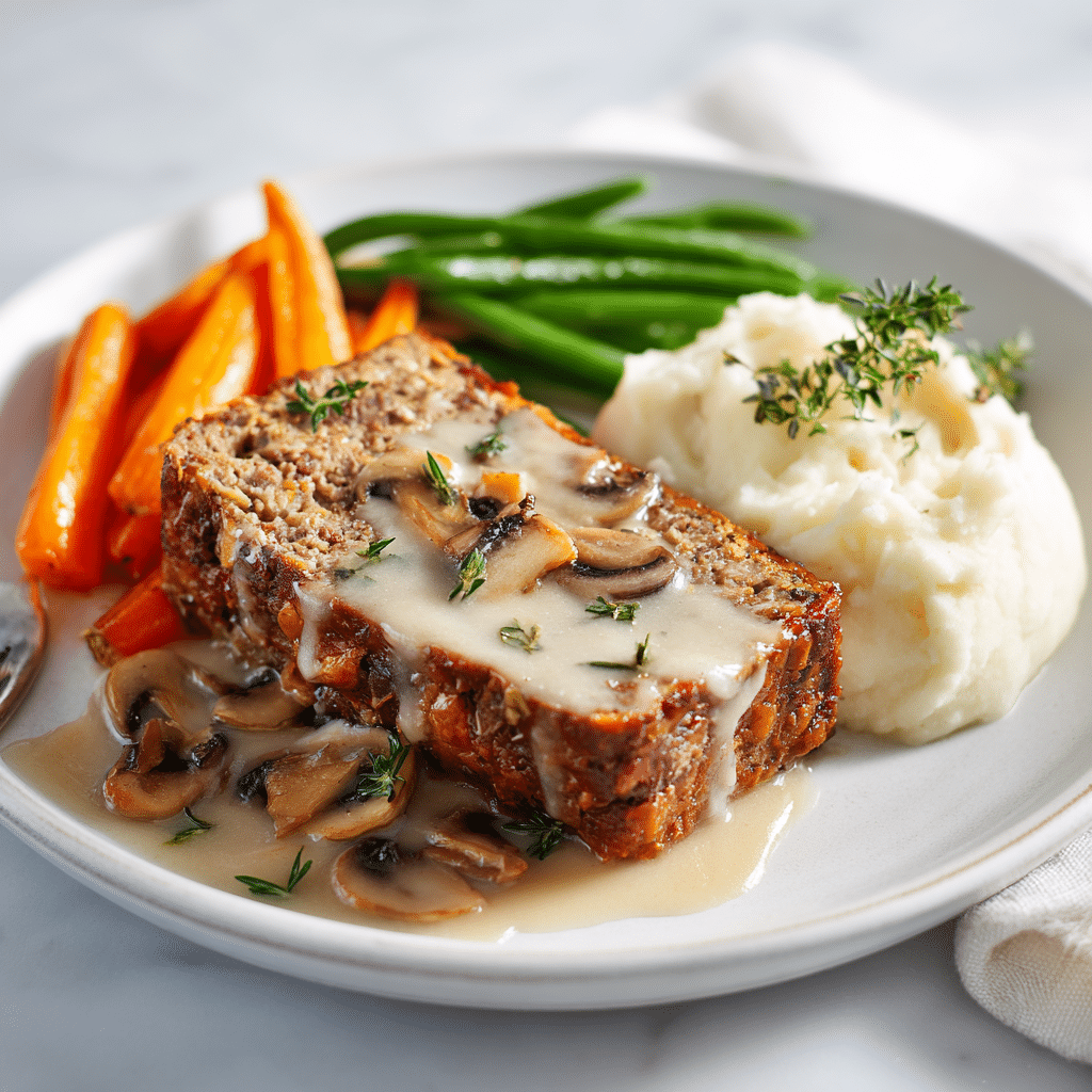 Lipton Onion Mushroom Soup Meatloaf Recipe (Savory & Moist) 3 Lipton onion mushroom soup meatloaf with mashed potatoes and green beans