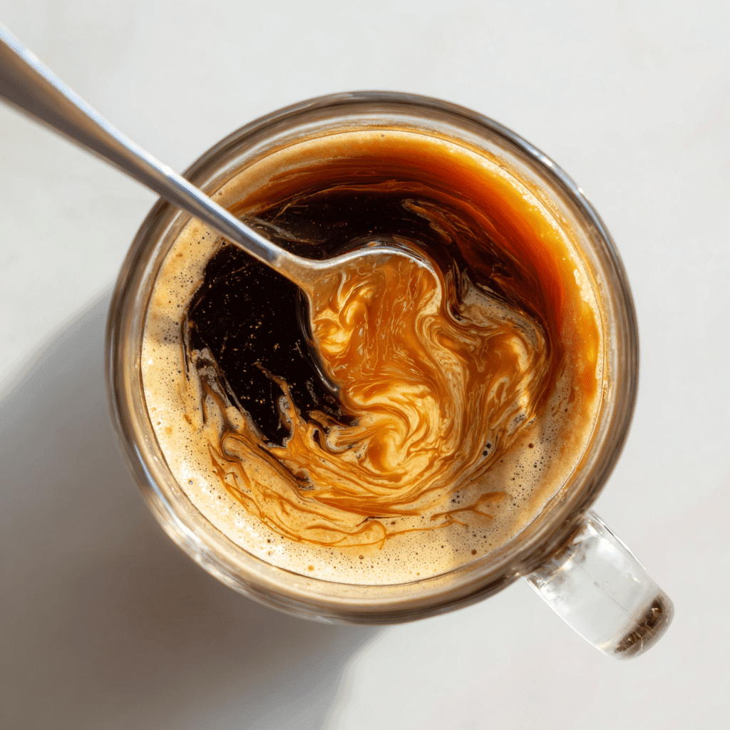Caramel Sauce for Coffee: Best Brands, Tips & Easy Recipe 3 Caramel sauce being stirred into coffee in a clear glass mug