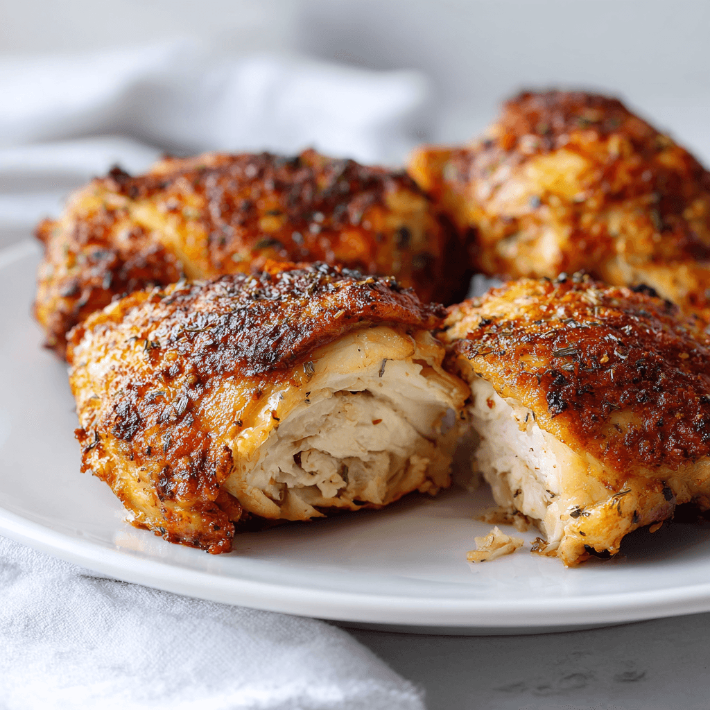 Air Fryer Boneless Chicken Thigh Recipe – Juicy, Fast & Crispy Every Time 1 Close-up of air fryer boneless chicken thigh sliced on a white plate