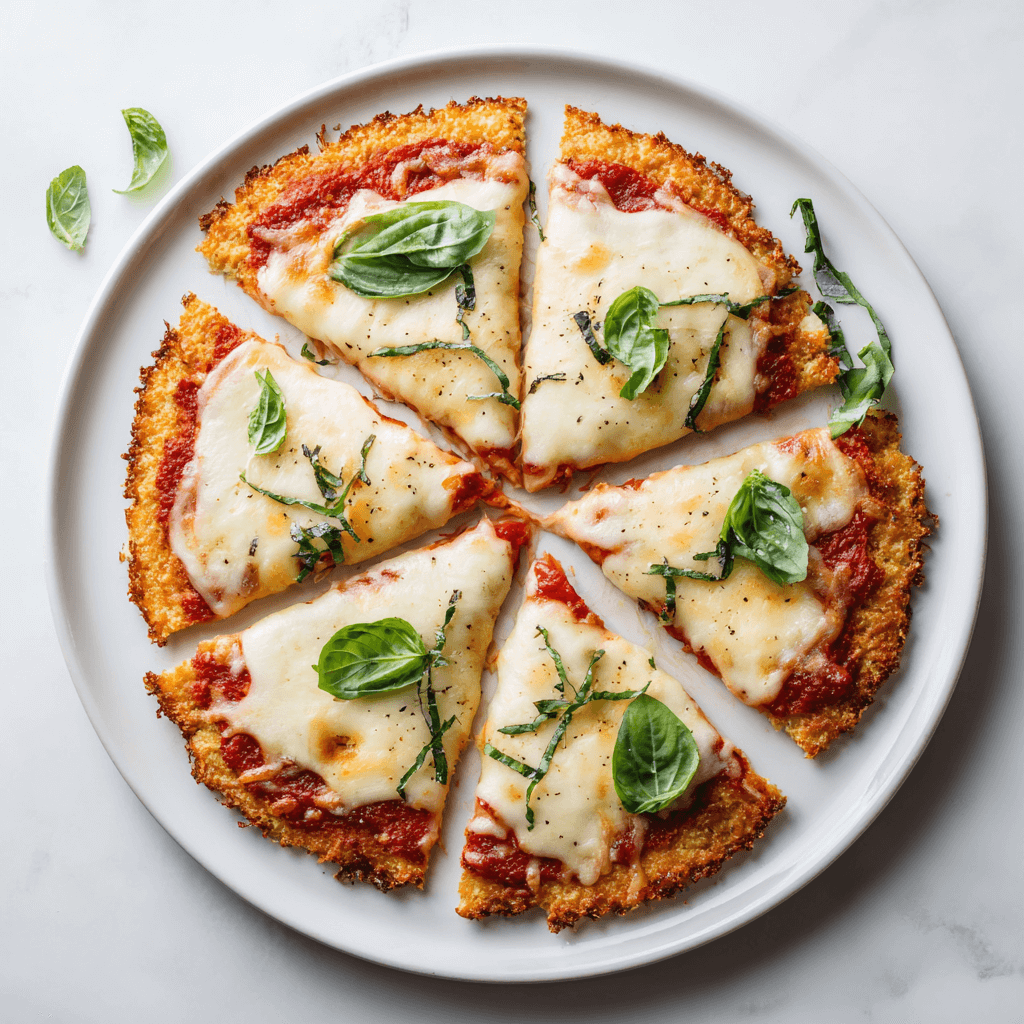 Low Carb Pizza Crust Recipe That’s Crispy, Cheesy, and Guilt-Free 1 Sliced low carb pizza with almond flour crust and melted cheese on a white plate