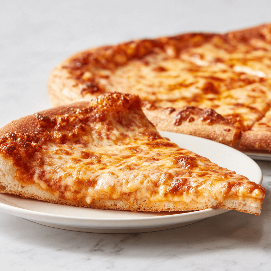 New York Style Pizza Crust Recipe That Nails the NYC Slice at Home 1 Sliced New York style pizza with golden edges and a folded slice on a white plate