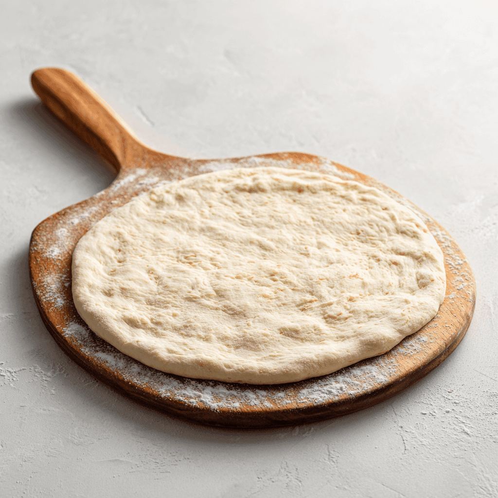 New York Style Pizza Crust Recipe That Nails the NYC Slice at Home 4 Stretched New York style pizza dough on a floured peel, ready for baking