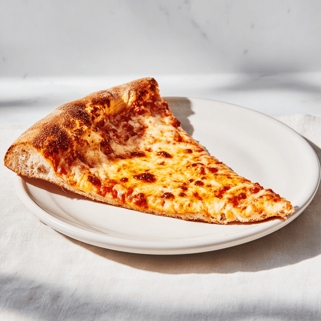 New York Style Pizza Crust Recipe That Nails the NYC Slice at Home 6 Sliced baked New York style pizza on a white plate showing crisp and chewy crust
