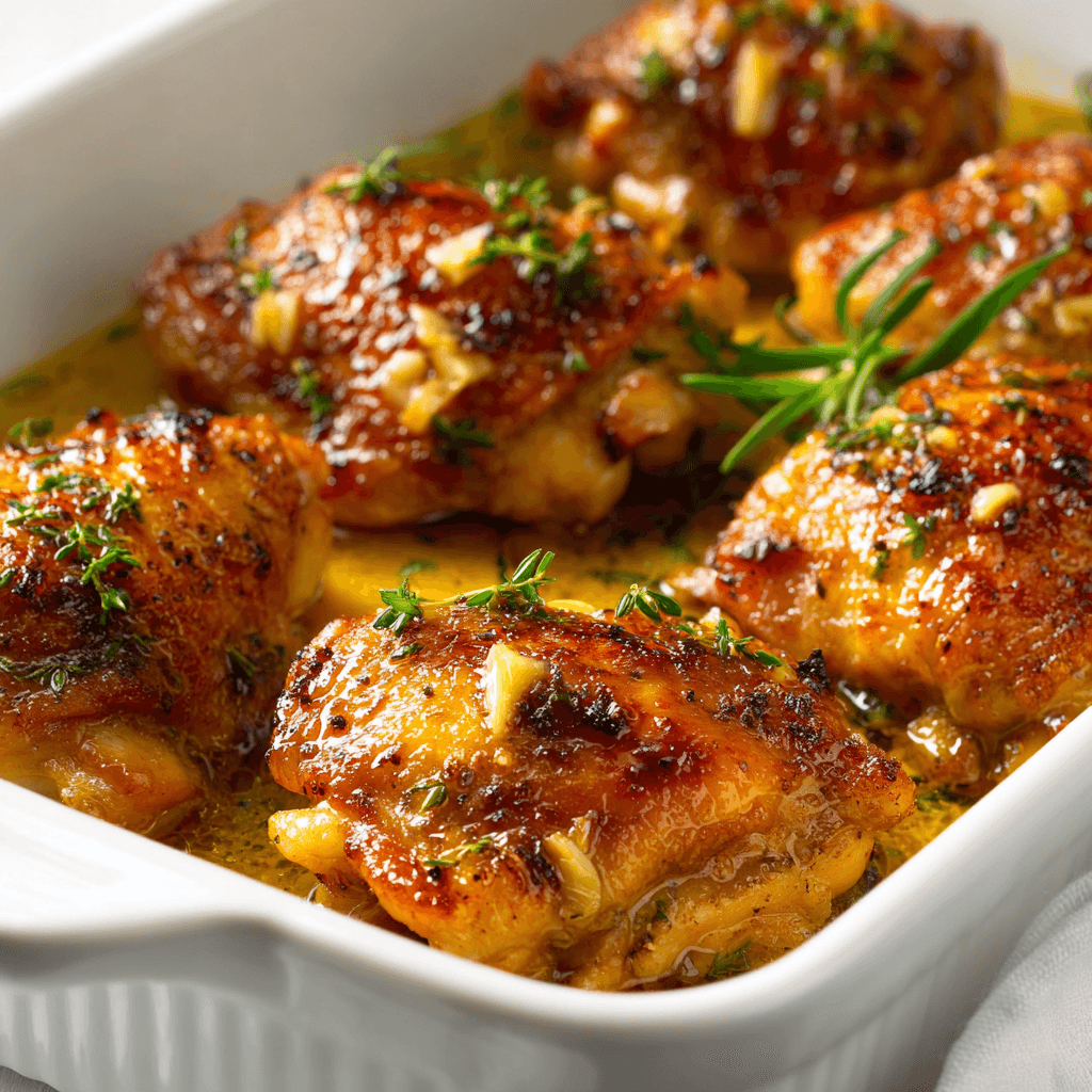 Chicken Thigh Marinade: Juicy and Easy Recipe for Flavorful Dinners 4 Oven-baked marinated chicken thighs with golden glaze in a white baking dish