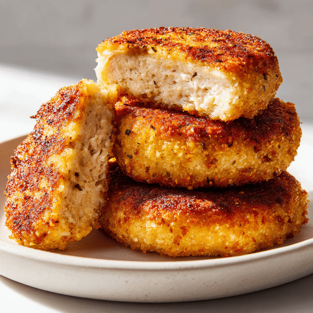 Air Fryer Chicken Patties – Crispy, Juicy & Fast Every Time 2 Perfectly cooked air fryer chicken patties with golden crust on white plate