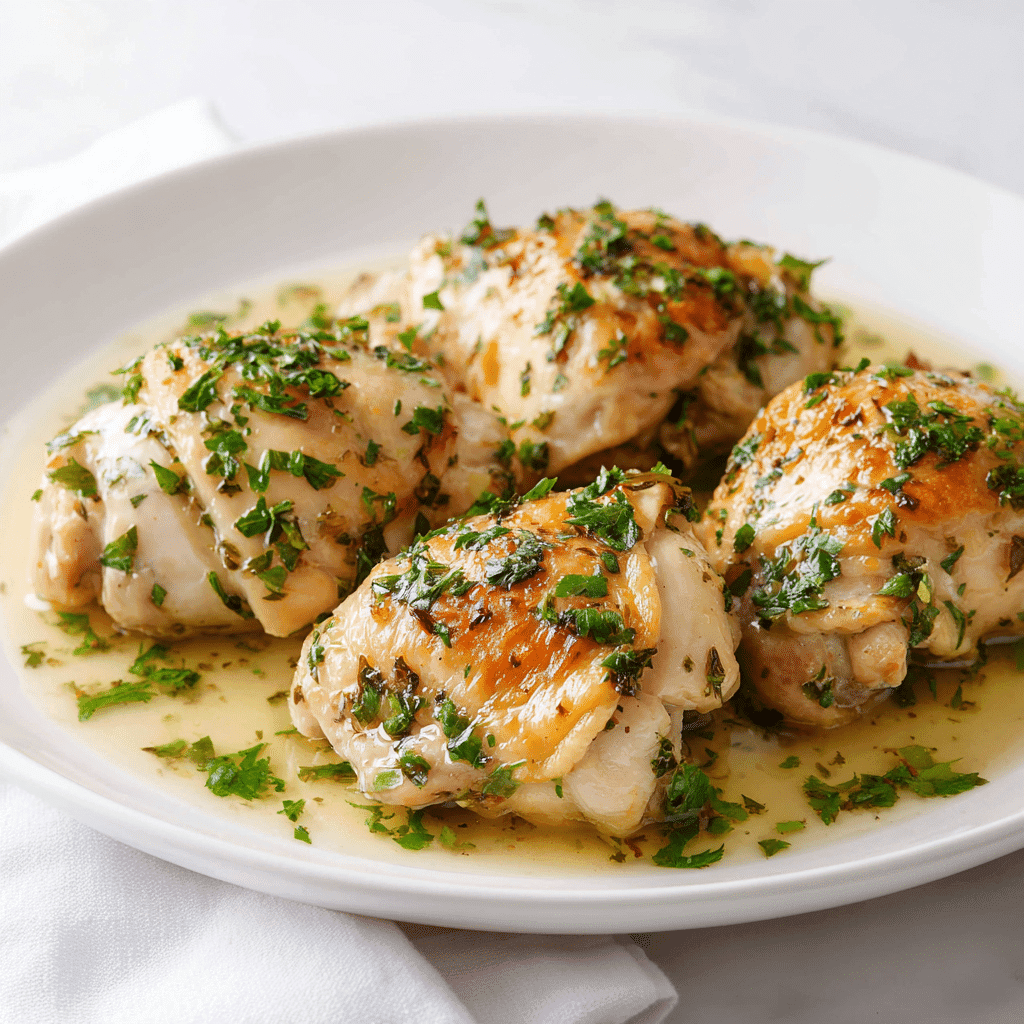Poached Chicken Thighs – Juicy, Simple, and Full of Flavor 6 Family-style platter of poached chicken thighs with herbs