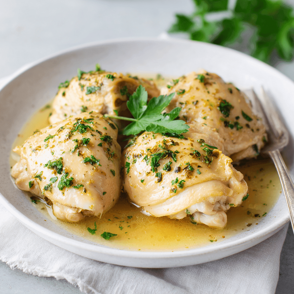 Poached Chicken Thighs – Juicy, Simple, and Full of Flavor 1 Home-style poached chicken thighs with parsley on a white plate