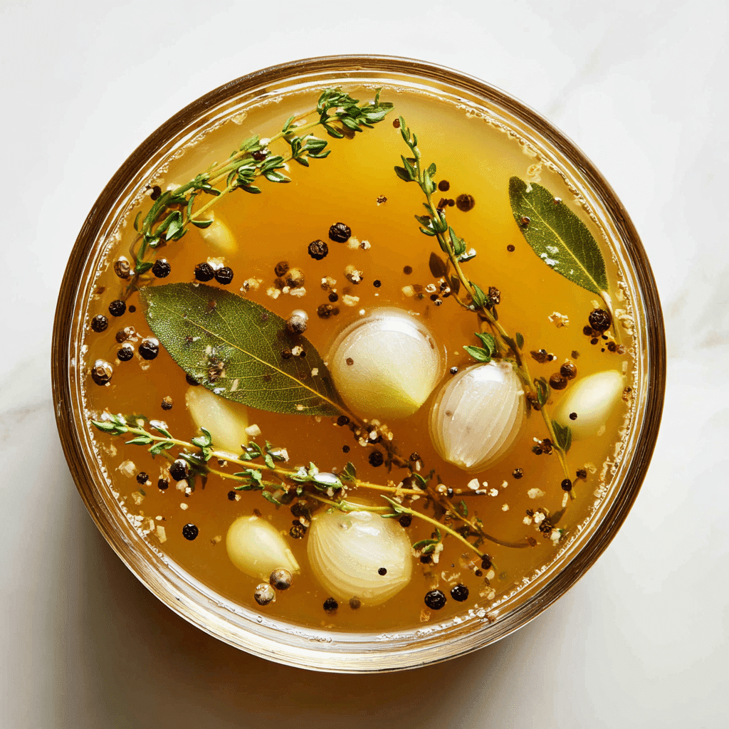 Poached Chicken Thighs – Juicy, Simple, and Full of Flavor 3 Aromatic poaching liquid with herbs and spices in a glass bowl
