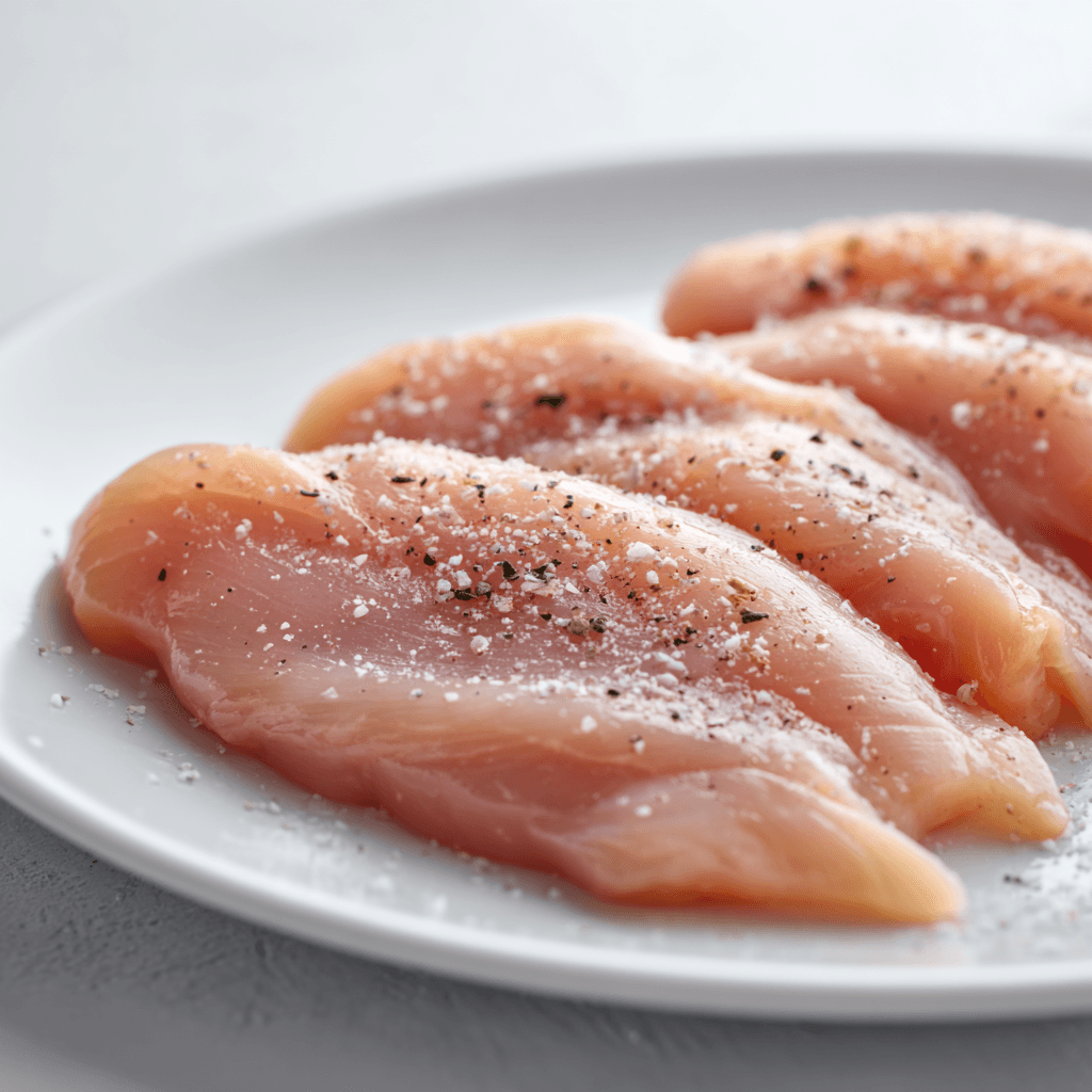 Seasoned raw chicken tenderloins prepped for air fryer chicken tenders with flour.
