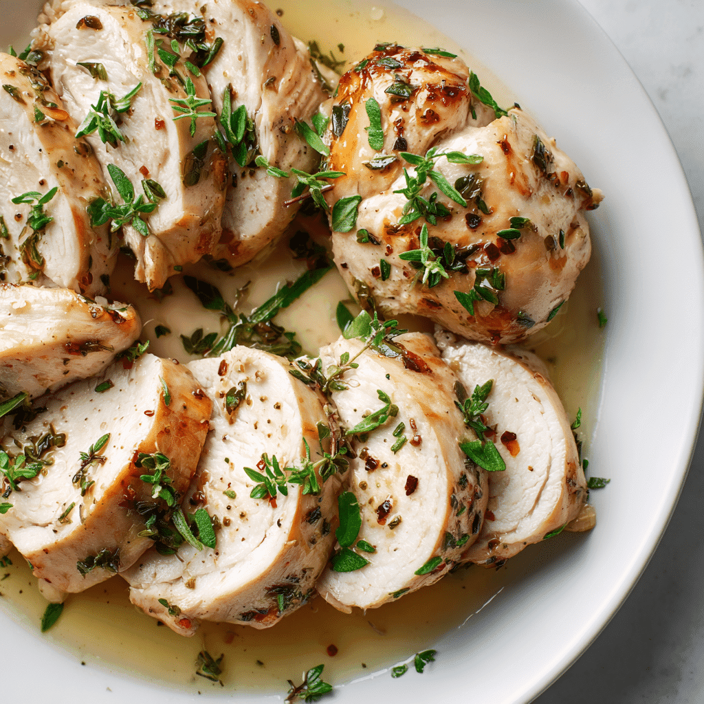 Poached Chicken Thighs – Juicy, Simple, and Full of Flavor 4 Juicy slices of perfectly poached chicken thighs on a white plate