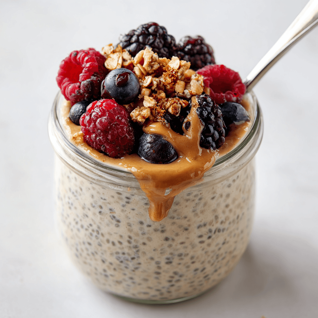 Protein chia seed pudding in a glass jar topped with berries and almond butter