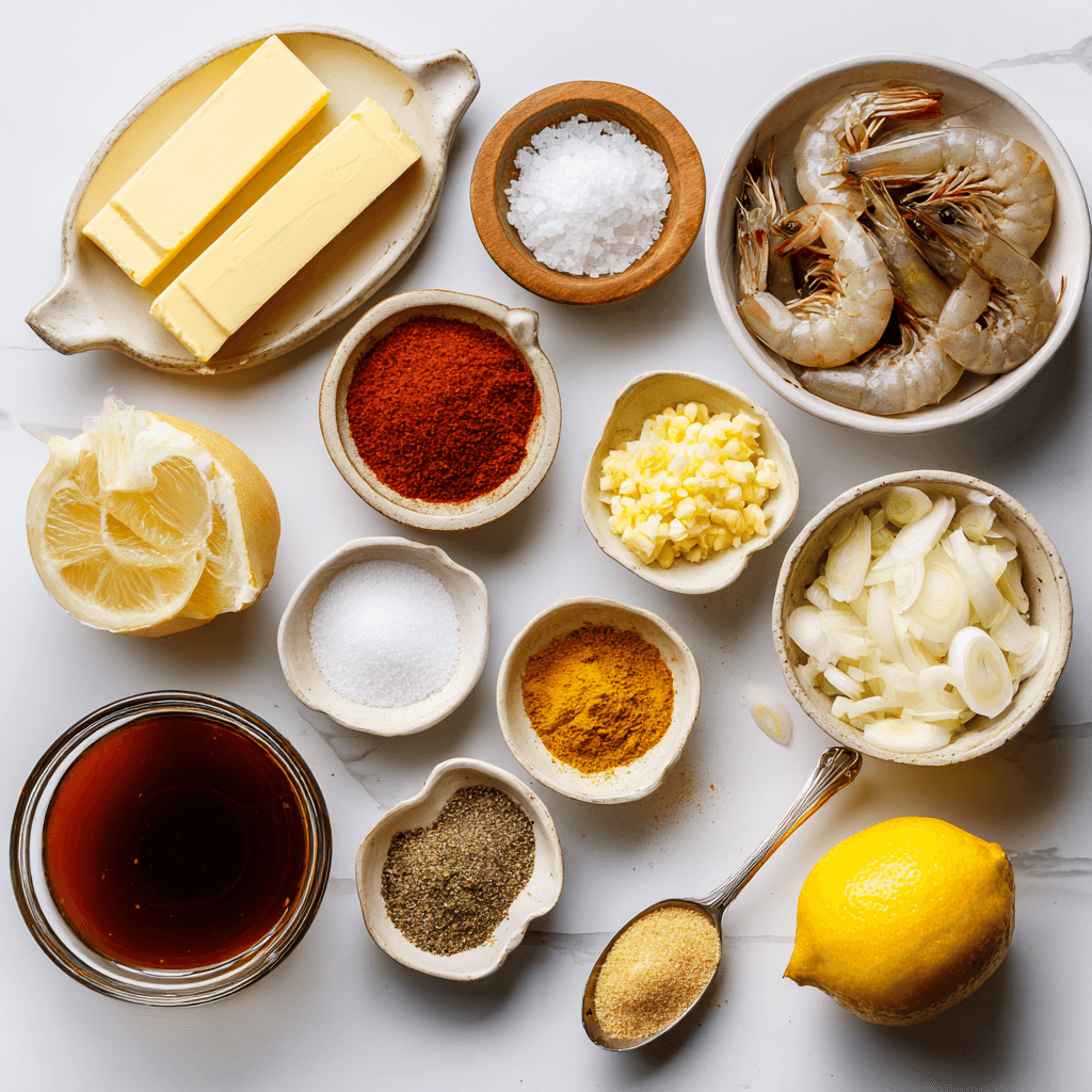 Seafood Boil Sauce Recipe That Packs Bold Flavor 2 Flat lay of seafood boil sauce ingredients including butter, garlic, spices, and broth