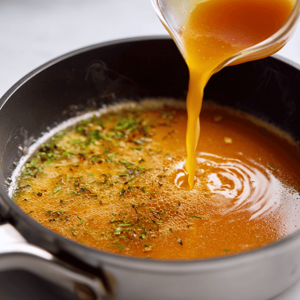 Seafood Boil Sauce Recipe That Packs Bold Flavor 5 Pouring broth into sautéed spices to simmer seafood boil sauce