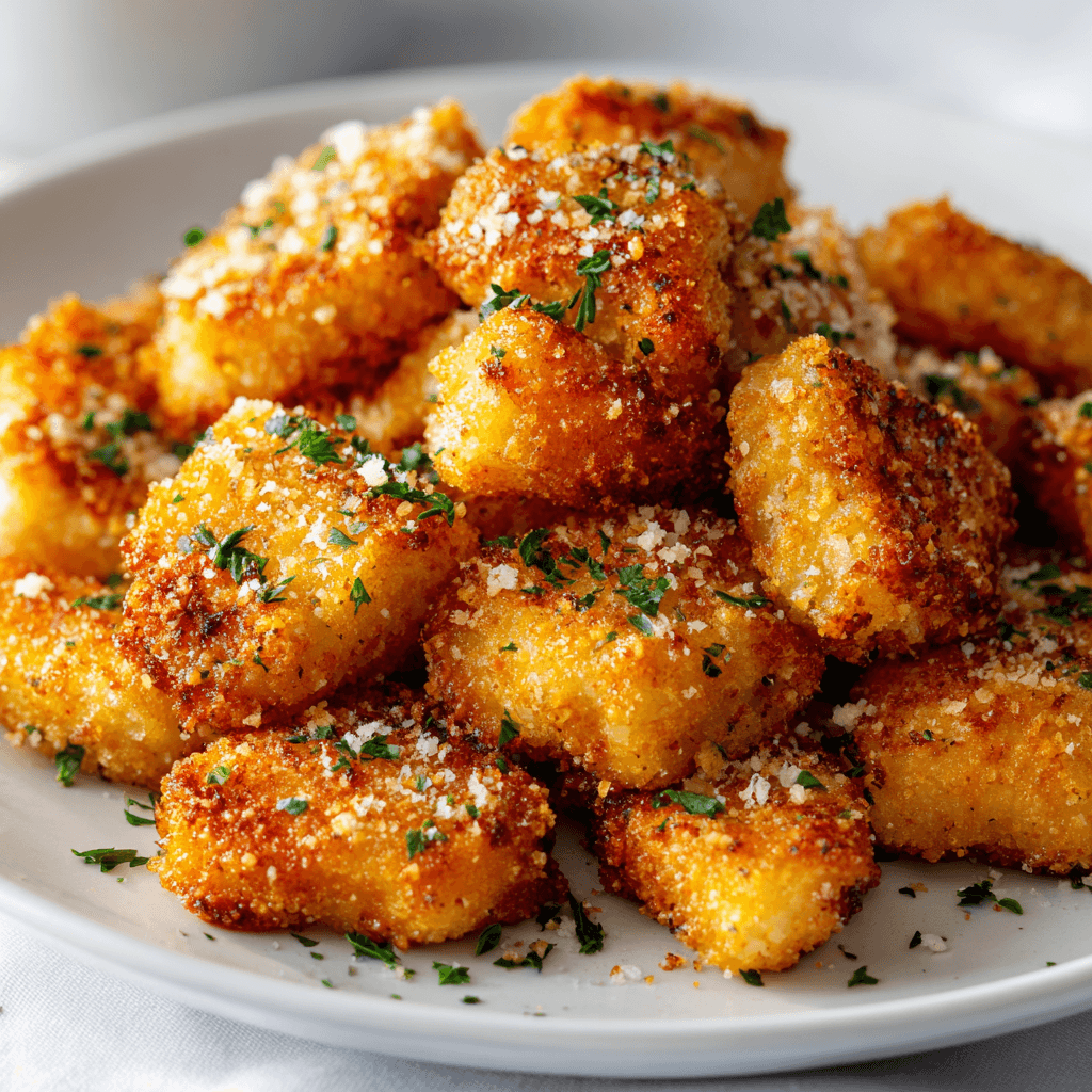 Air Fryer Frozen Chicken Nuggets: Crispy & Ready in 10 Minutes 3 Seasoned air fryer frozen chicken nuggets with garlic, paprika, and parmesan on white plate